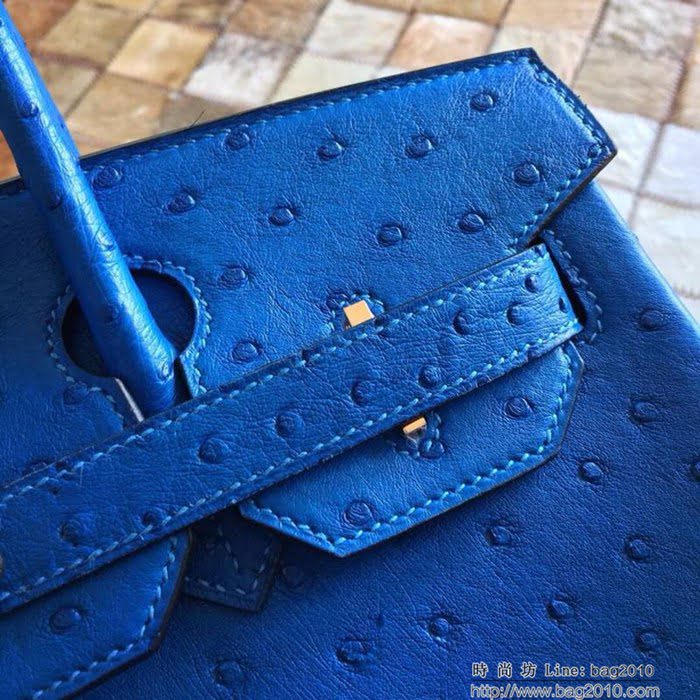 HERMES愛馬仕 鉑金包 Birkin 南非原產KK級鴕鳥皮 頂級工藝 希臘藍 手縫蠟線 手提包  Ama1234